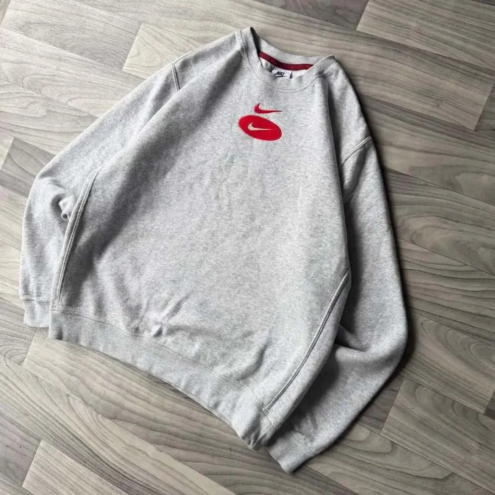 Nike Center Swoosh Crewneck Sweatshirt Size M Grey Red Y2K